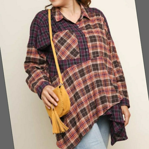 Umgee Asymmetrical Mixed Plaid Button Front Tunic - Picture 7 of 7